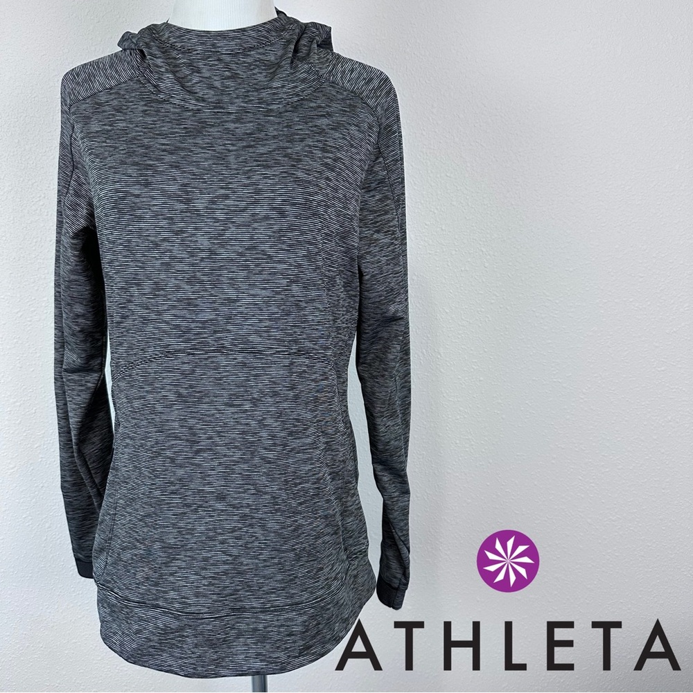 Athleta Striated Stowe Hoodie Gray Black High Neck Fleece Lined Pullover Medium